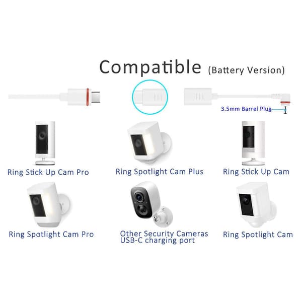 Typ C-adapterkabel för solpaneler och säkerhetskameror Höghastighetsladdning Hållbarhet Kopparkärnor Vit White