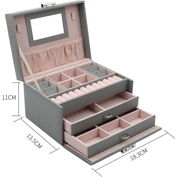 Grå 18,3X13,5X11CM Læder Tre Lags Smykkeæske Ring Halskæde Øreringe Opbevaringsboks,
