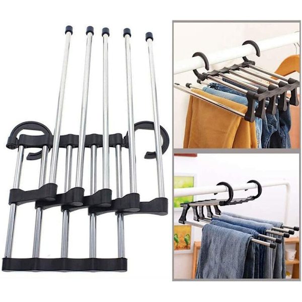 Black Magic Pants Rack (2st) Variation Multifunktionell Teleskopisk hopfällbar garderob Platssparande hängare Flera byxställ Rostfritt stål Multifunktion