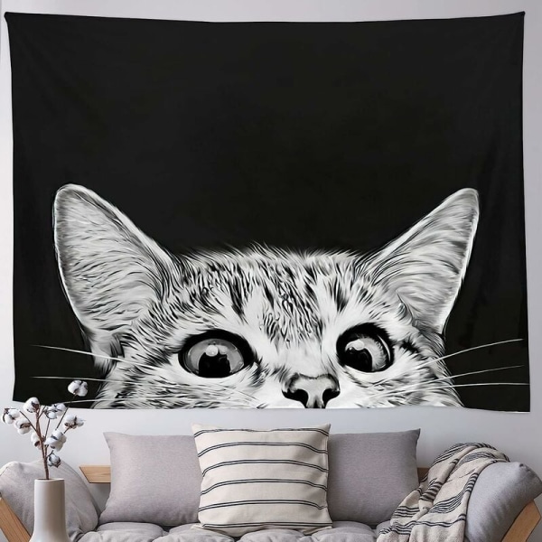 Trippy Black Cat Gobeläng, Vägghängande Söta djur Estetiska gobelänger Handgjorda tecknade svart filt Stor Hippie Tapet