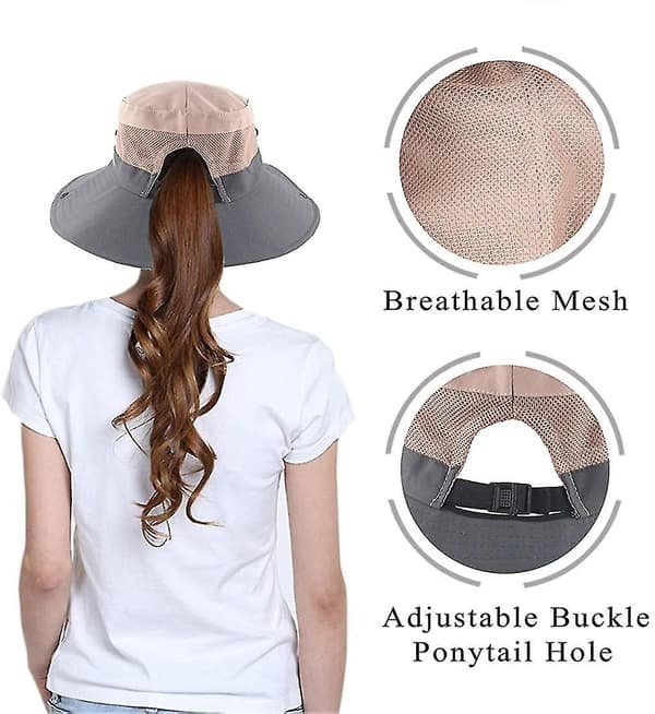 Dame solhat, sommer, mesh, bred skygge, UV-beskyttelse, med hestehalehul (6)