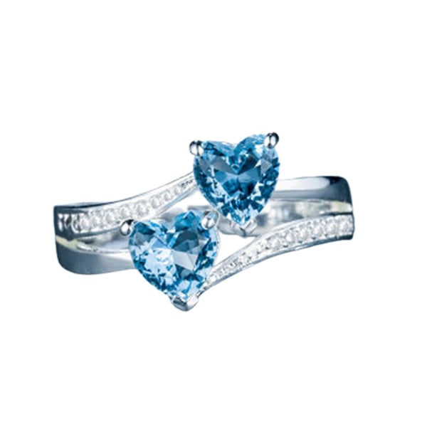 Kvinner Ring Dobbel Hjerte Glitrende Cubic Zirconia Mote Utseende Finger Band For Party Blue US 9