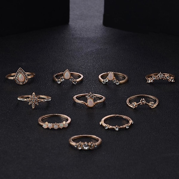 10st/ set Lady Water Drop Star Crown Faux Opal Stapling Knuckle Midi Finger Ring