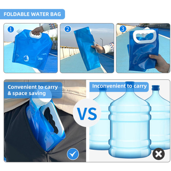 10L bærbar sammenfoldelig vandopbevaringspose med ventil, 2 styk / 4 styk, Blå 2 styk - Blå 2 styk