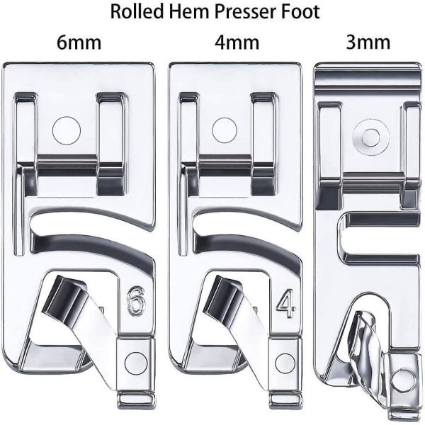 3 stk smal rullesøm symaskine trykfodssæt velegnet til husholdnings multifunktionelle symaskiner (3 mm, 4 mm og 6 mm)
