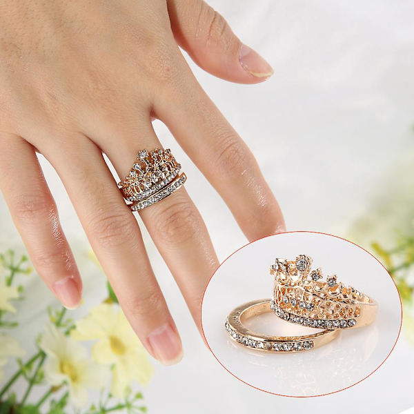 2 st Dammode Crown Tiara Ring Inlagd Helt Rhinestone Legering Smycken Present Gold CN16