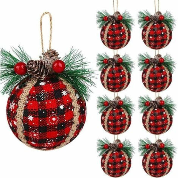 9 st plädade julbollsprydnader - 3 tums svarta och röda buffelplädade tygprydnader med kottar och grönt