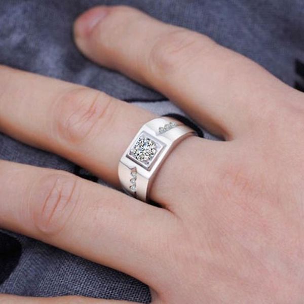 Menn Bling Rhinestone innlagt bryllupsfest Wide Band Ring Finger Smykker Gift White Gold US 9