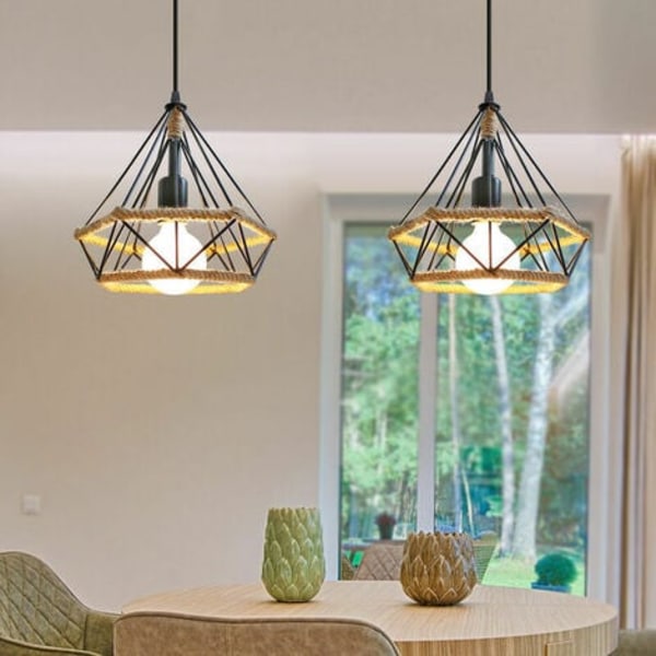 Sæt med 2 Retro diamantbur design suspension med hamp reb, moderne industriel stil metal lysekrone, E27 vintage loft