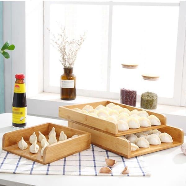 Bambu rektangulär dumplingförvaringsbricka multifunktionsplattställ samlingsarrangemang tallrikar köksförvaring gul M