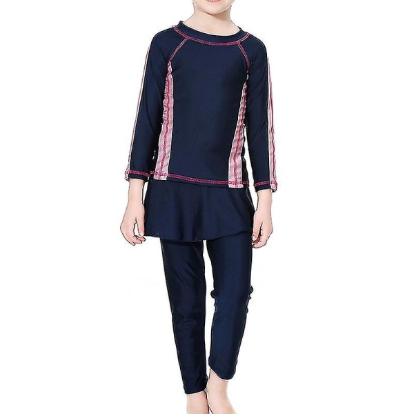 3st/ set Modest Burkini Badkläder Barn Flickor Muslimska Islamiska Cap Strandkläder Navy Blue 5-6 Years