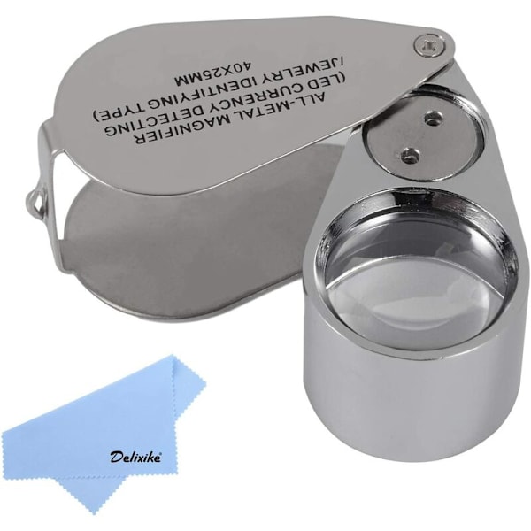 40x25 mm foldbart fuldmetal med LED-lys, foldbar forstørrelsesglas, pengedetektorlys med LED-lys, høj forstørrelse M