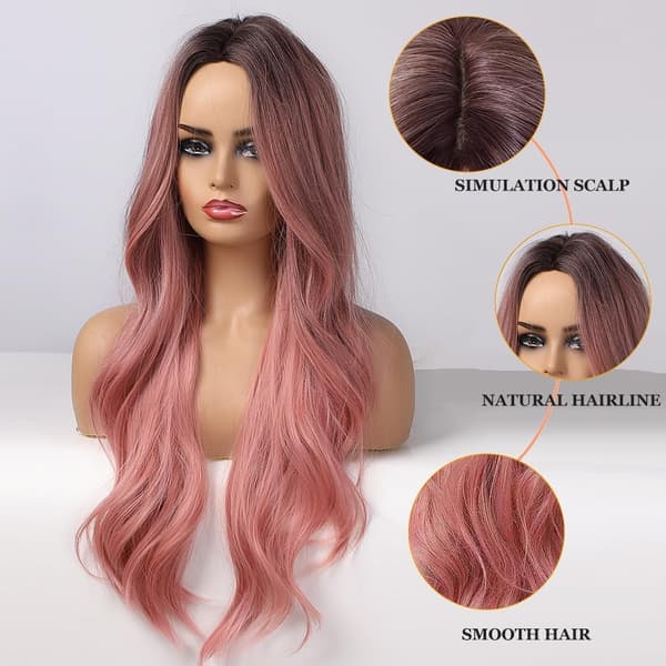 Syntetisk parykk gradient rosa langt bølget hår