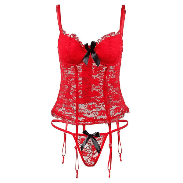 Kvinnor Sexiga Underkläder Spets Korsett BH String Set Underkläder Red 2XL