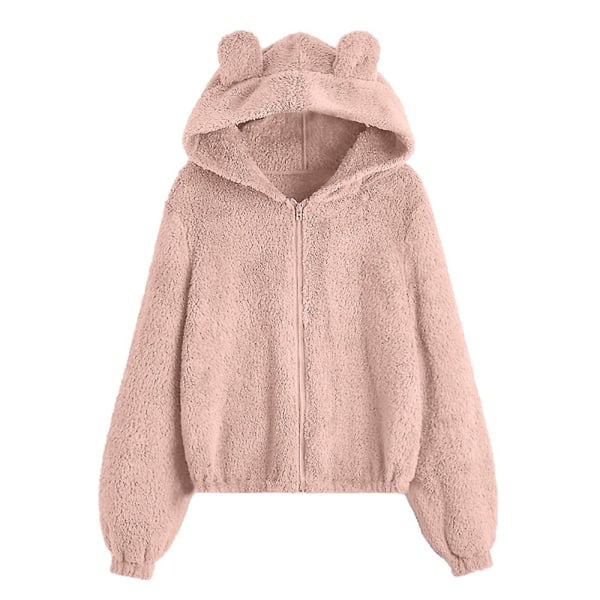 Vinterplysch hoodie med dragkedja för damer med söta björnhörselkåpor White S