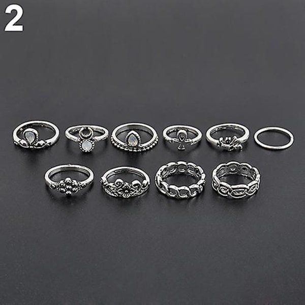 10 stk/sett Retro Boho Elephant Flower Moon Above Knuckle Midi Finger Ring smykker Silver