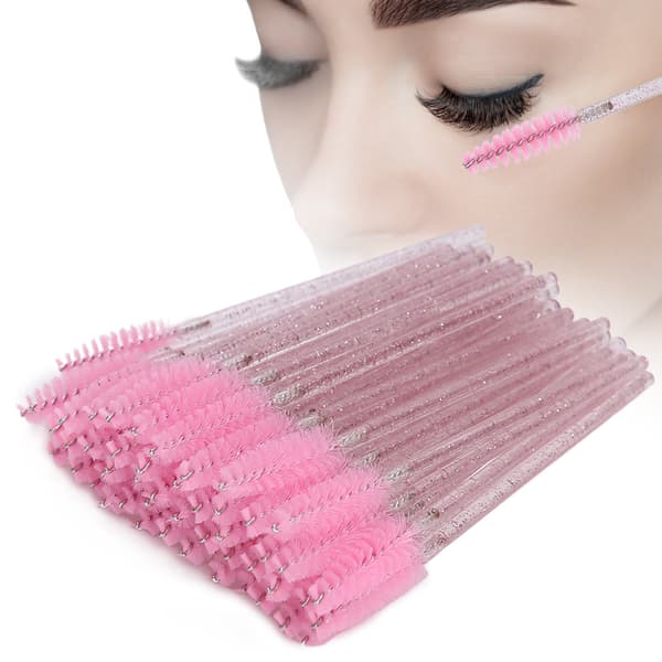 50 stk. lyserøde engangs nylon makeupbørster, mascarabørster, øjenvippe- og øjenbrynsbørster, bærbare
