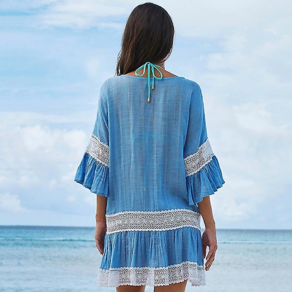 Dam Beach Bikini Cover Up Ruffle Dress Kaftan Badkläder Light Blue