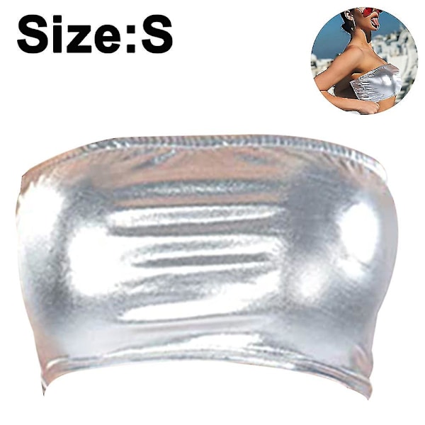 Kvinder skinnende stropløs Crop Tube Top Stage Kostume Silver L