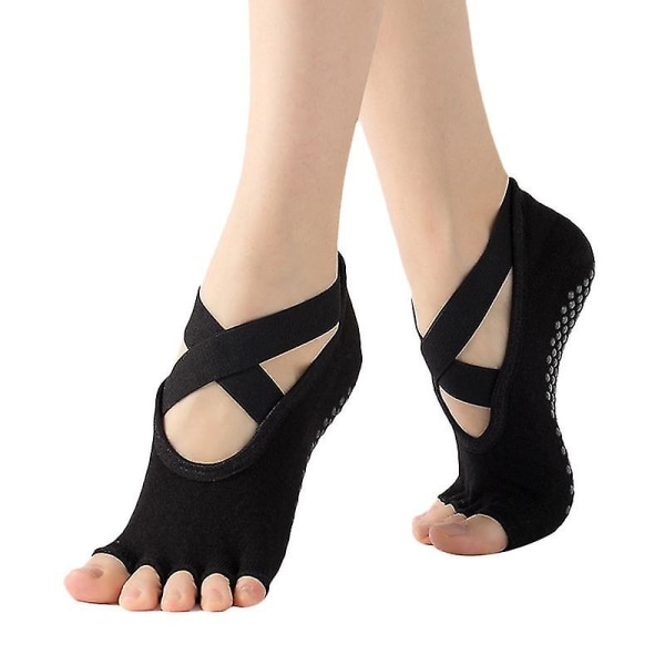 Anti-Slip Yoga Sokker Kvinder Skid Grip Open Toe Black