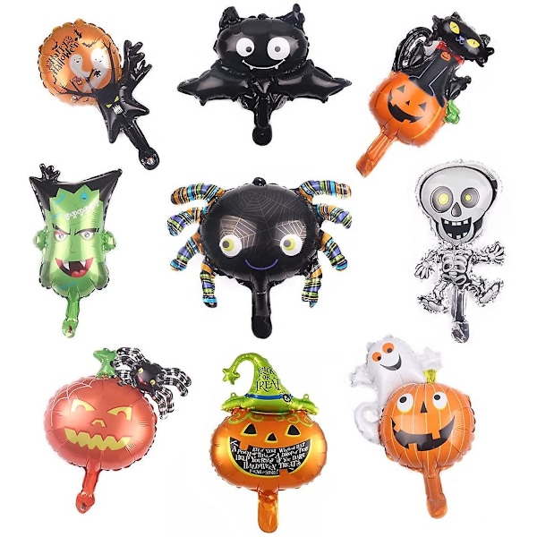 9-pak Halloween folieballoner Sort Spider Cat Ghost Bat
