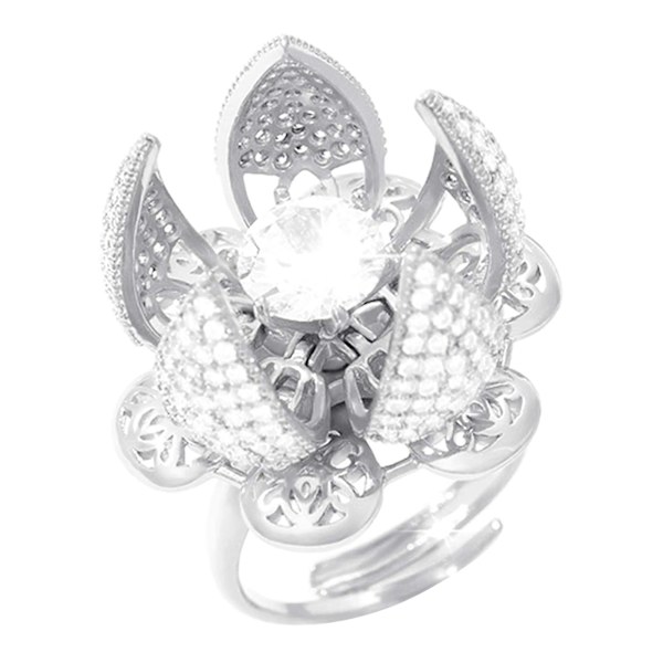 Kvinner Hul Åpen Ring Åpning Lukke Blomst Zircon Roterende smykkegave Silver