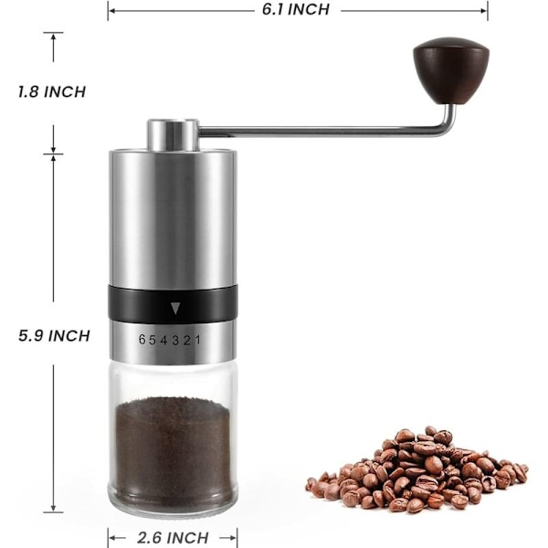 Manuell kaffekvern med 6 justerbare CNC-innstillinger i rustfritt stål, håndkaffekvern for kontor, camping, reise, H