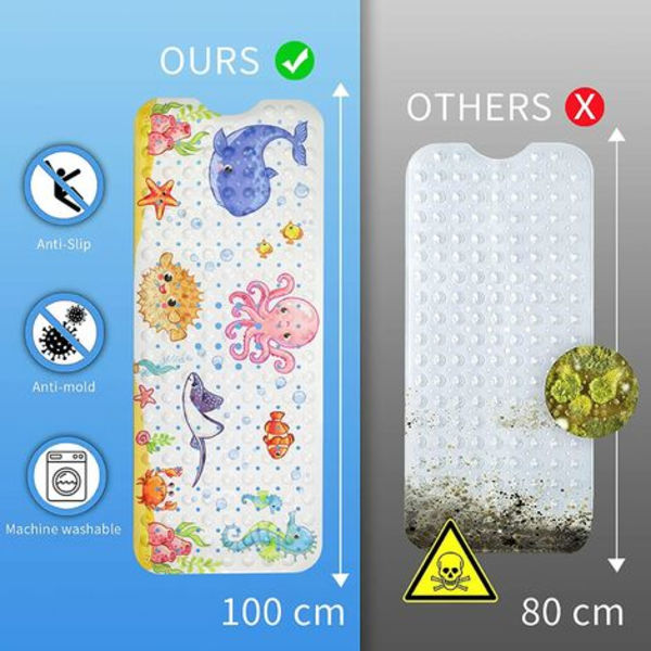 Skridsikker bademåtte 100x40 cm, skridsikker bademåtte med 200 sugekopper PVC-materiale, brusemåtte med tegneserie havdyr