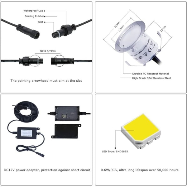 12V/IP67 vandtæt LED gulvlampe, forsænket gulvlampe, varm hvid, 3200K, 10 STK