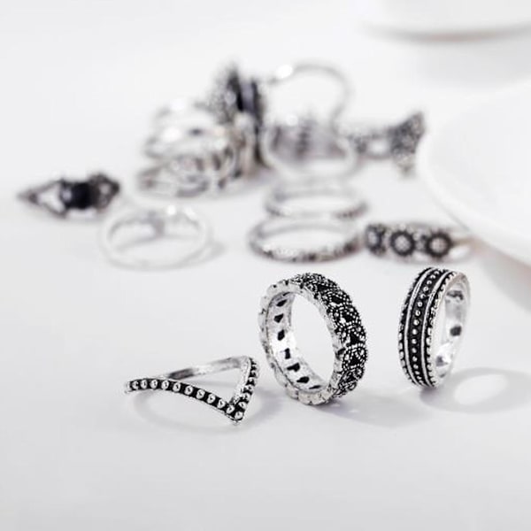 15st/ set Kvinnor Hollow Lotus Solros Geometrisk Faux Gem Stacking Finger Ring