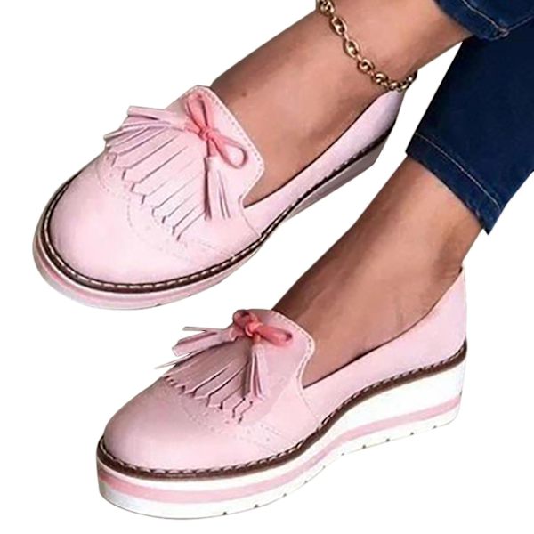 Kvinnor tofsar Slip On Flat Pumps Plattform Loafers Skor Pink 41