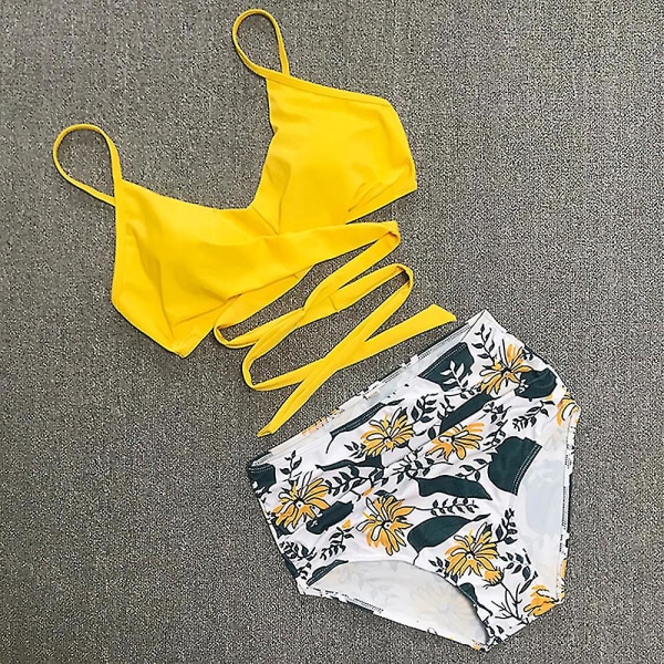 kvinner Floral High Waist Bikini Set Badedrakt Sommer Sexy Badetøy Strandtøy Yellow M