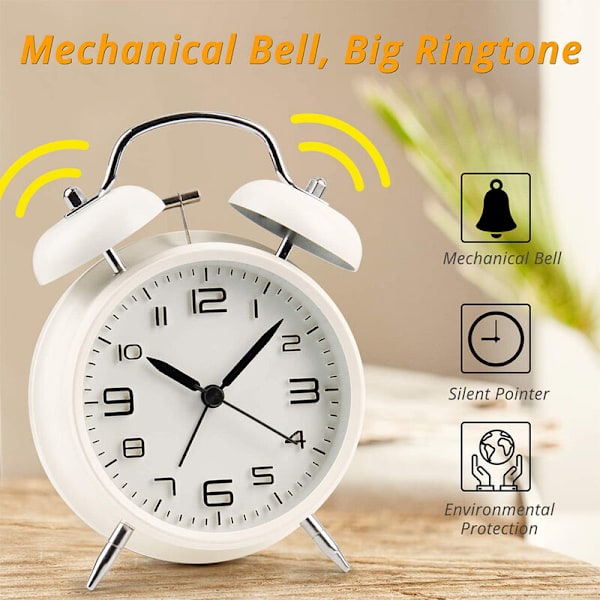 Vit väckarklocka Creative Classic Mute Student Loud Double Bell 3D Digital Ringing Bell,