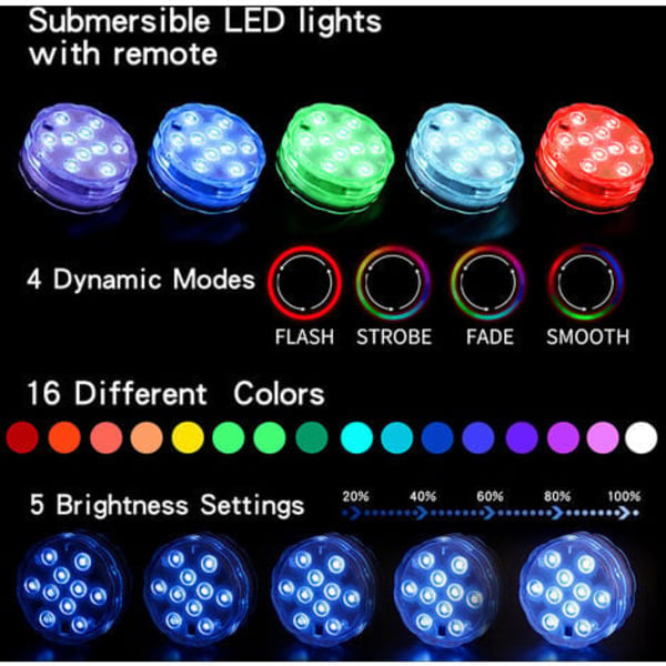 Dykning LED poollys, dekorative farveskiftende lys, velegnet til akvariebade, vaser, pools, damme, (28 Button Su