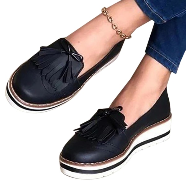 Naisten tupsut Slip On Flat Pumps Platform Loafers Kengät Black 39