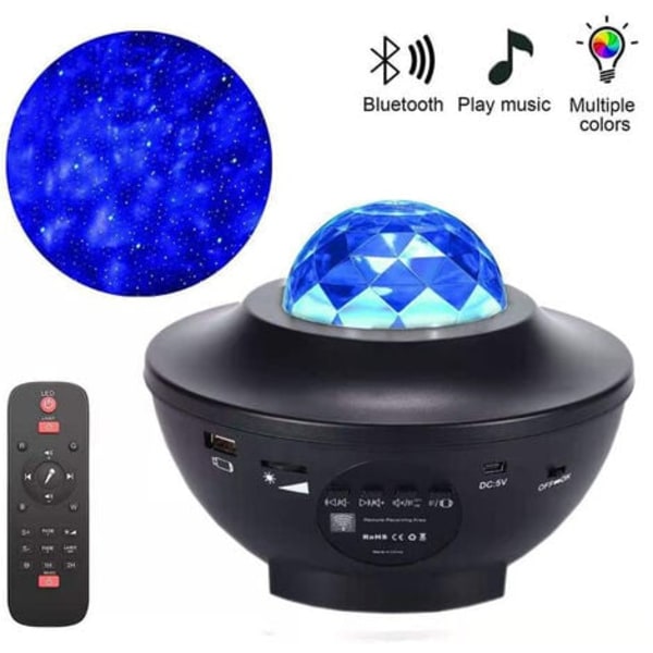Stjärnprojektion Ljus Vattenmönster Laser Stämningsljus Musik Bluetooth USB Starry Sovrum Nattlampa, svart