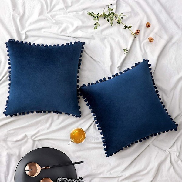 Paket med 2 Sammets-kuddfodral Pompom Dekorativa örngott Solida mjuka kuddfodral Med Poms Fyrkantig För Soffa Soffa Sovrum Bil 18x18tum Da 20 x20 Navy Blue