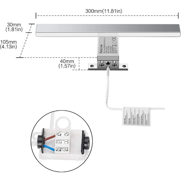 LED badeværelsesspejllys 5W 230V 500lm, IP44 Vandtæt 30cm badeværelsesklemmelys, Neutral Hvid 4000K, Intet Strobelys