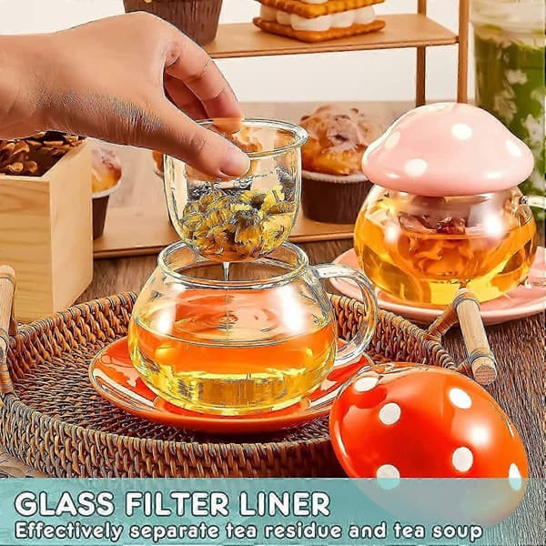 Soppkopp glass tekopp med filterlokk og underfat Yellow