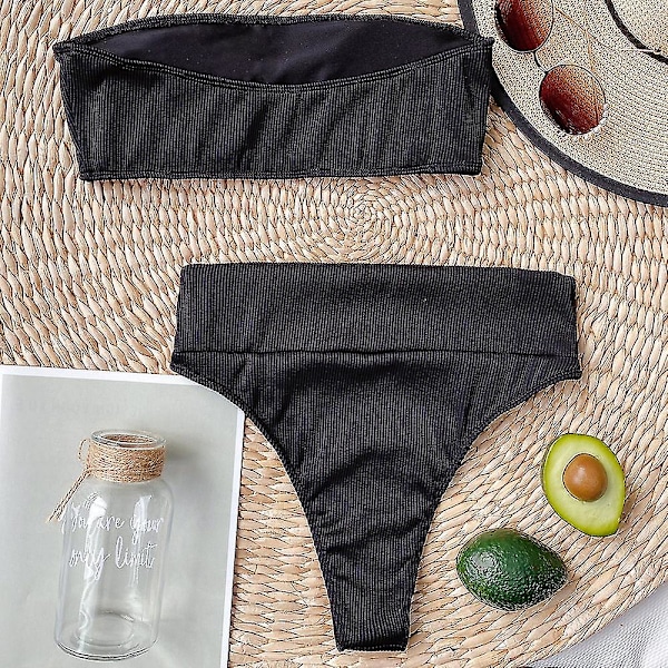 Dam Bandeau hög midja simdräkt Bikini Set Baddräkt Black S