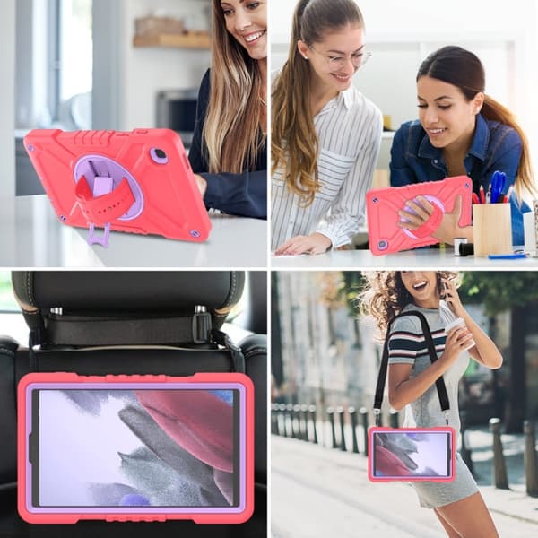 Samsung Galaxy Tab A7 Lite X Rotasjon Hybrid Silikondeksel med Stropp Röd Lila