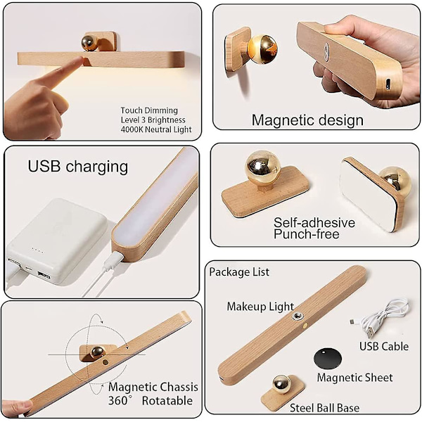 Led kylpyhuonepeili 4w USB ladattava kevyt puinen kaappi Light Touch Himmennettävä langaton valo Kylpyhuonepeili lämmin valkoinen yövalo meikkivalo
