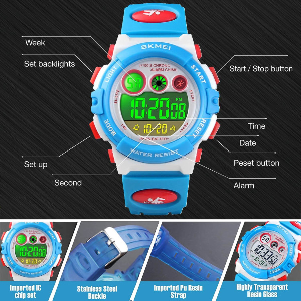 Digital watch för barn för pojkar, flickor, vattentäta elektroniska multi fritidsklockor för casual , 7 Co