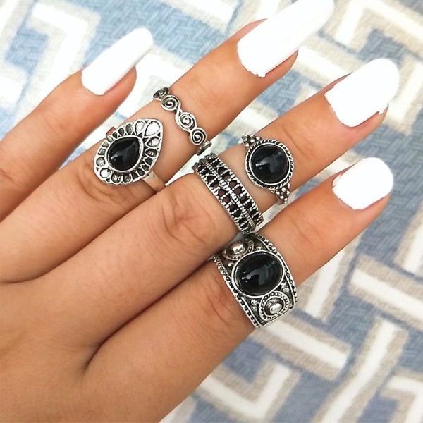 5 st Vintage Hollow Drop Ovan Knuckle Kvinnor Stapling Midi Rings Set Pub Gift