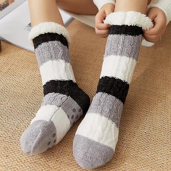 Dam Vinter Sova Golvstrumpor Anti-halk fleece strumpa Black And White