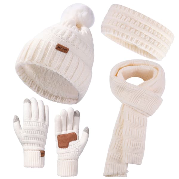 Stickad mössa, halsduk och handskar för höst/vinter, varm för vintern och utomhusaktiviteter - Vit White