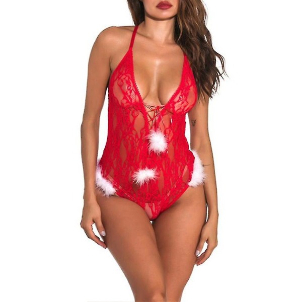Joulu Sexy Lace Bodysuit Naisten Babydoll Alusvaatteet Red M