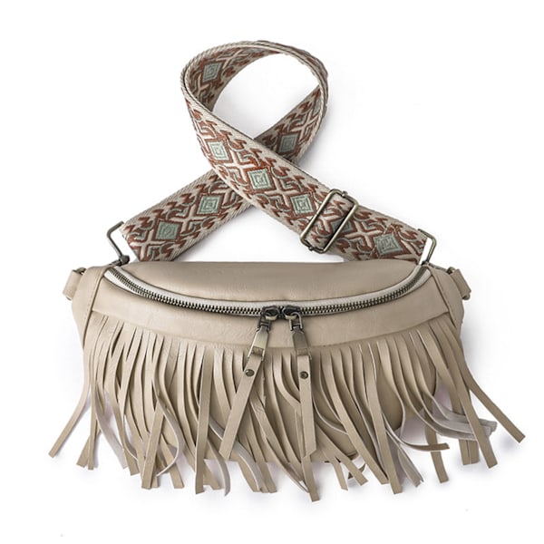Retro Dame Frynse Brystveske: Justerbar Multifunksjonell Plissert Duske Skulder- & Midjeveske for Reise i Beige, One Size Fits All.