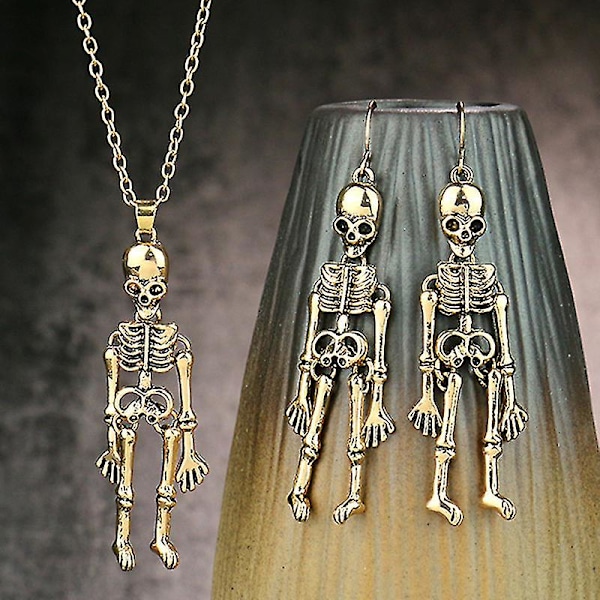 Halloween øreringe smykker menneskelige skelet vedhæng halskæde + kranium øreringe Antique Gold