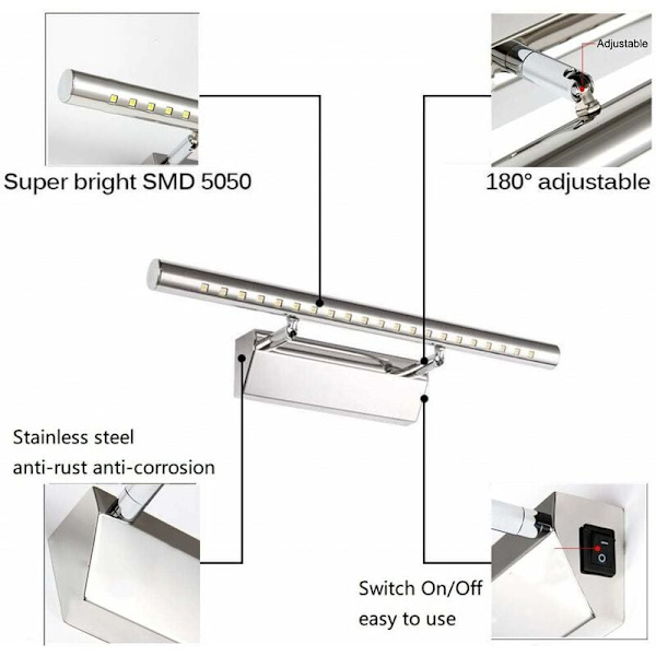 Væglampe til husholdningsbadeværelse med LED-spejl (5W med kontakt (længde 40 cm) hvidt lys),